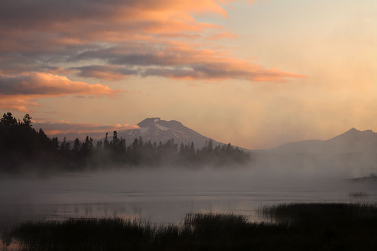 Sunrise Fog over Crane Prairie Lake, Cascade Mountains, Oregon.