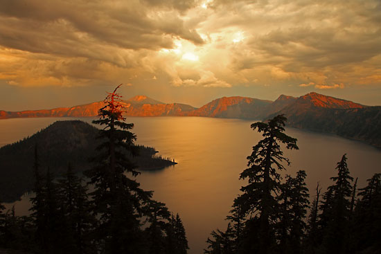 Sunset Gold Crater Lake and Wizard Island, Crater Lake National Park Oregon