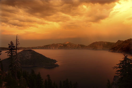 Sunset Gold Crater Lake and Wizard Island, Crater Lake National Park Oregon