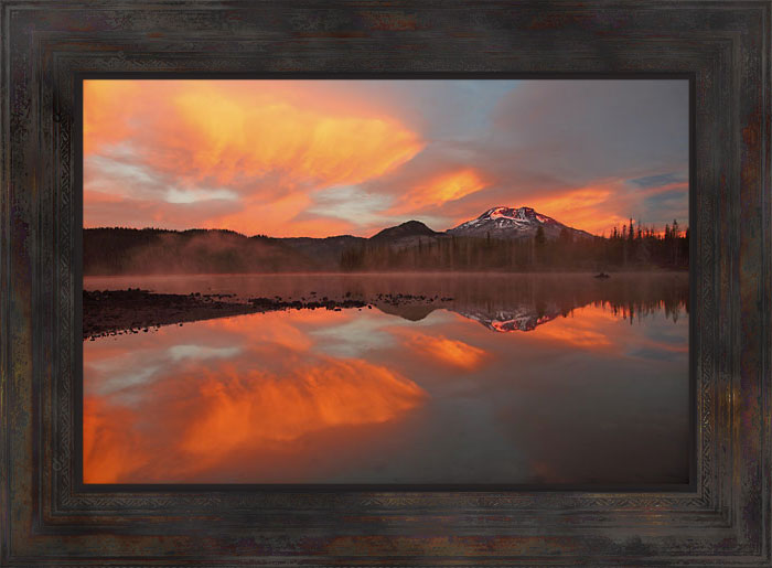 Framed Photograph, Sparks Lake, Cascade Lakes and South Sister near Bend, Oregon, Sunset, Distressed Frame,  Fine Art Photography