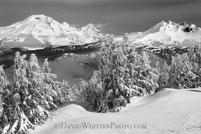 Snow Scene, Black and White Photo - South Sister, Three Sisters and Broken Top Mountain and Fresh Snow skiing at Mt. Bachelor, Oregon