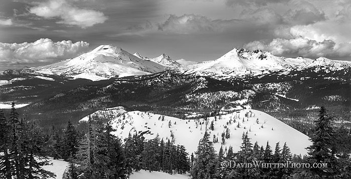 Three Sisters and Broken Top Mountain from Mt. Bachelor. View of Cinder Cone, Cascade Mountains, Oregon, Black and White - Fine Art Photography, Limited edition photograph by David Whitten