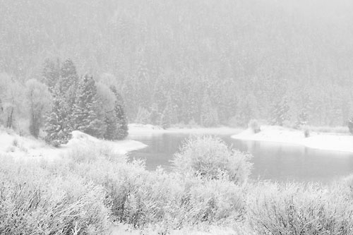 black and white photograph snow scene Snake River Grand Teton National Park, Wyoming