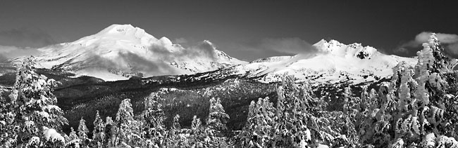 South Sister and Broken Top Mountain from Mt. Bachelor Oregon Black and White Photograph Panorama Panoramic Photograph