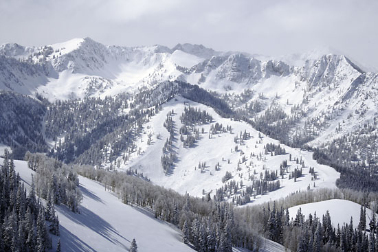 Ski runs at Solitude Resort. Honeycomb canyon, Wolverine Peak, and in the back Devil's Castle and Baldy at Alta in Utah's Wasatch Mountains.