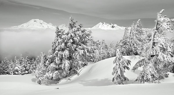Untracked Snow at Mt. Bachelor, South Sister and Broken Top from Mt. Bachelor, Cascade Mountains, Oregon Photography by David Whitten